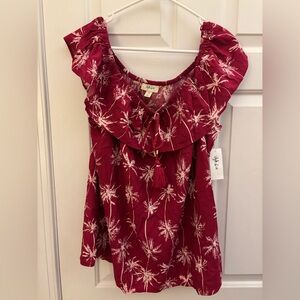 Style & Co. Burgundy Palm-Print Ruffle Off-Shoulder Tunic